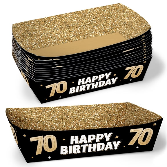 Big Dot of Happiness 70th Birthday Party Paper Food Trays, Disposable Food Boats, Black & Gold Adult Birthday, Picnic, BBQ, Double-Sided Paper Meal Holders for Nachos, Hot Dogs, French Fries - 12 Ct