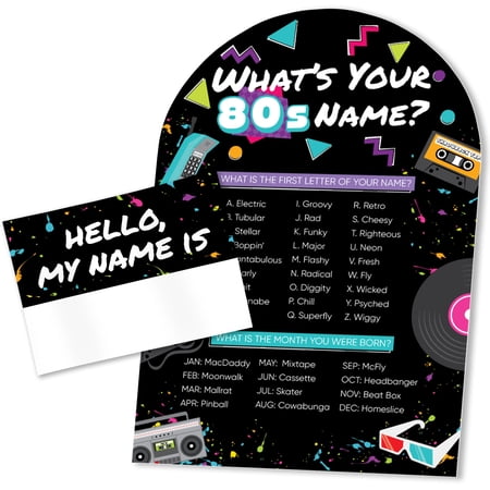 Big Dot of Happiness 80s Retro What's Your 80s Name Party Game Activity, Funny Icebreaker Game for 1980s Birthday Party Decoration, 1 Sign with Stand and 32 Hello My Name Tag Stickers