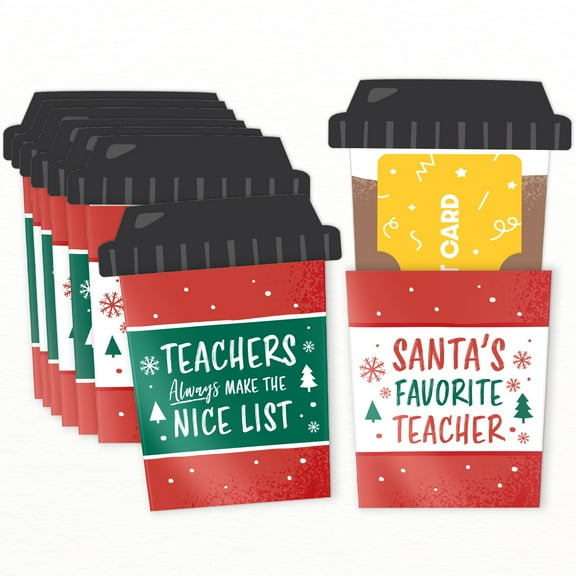 Big Dot of Happiness Assorted Teacher Holiday Presents Coffee Cup Gift Card Holders with Envelopes, Teacher Appreciation Christmas Gift Card Sleeves and Cash Money Holders, Nifty Gifty Pack, Set of 8