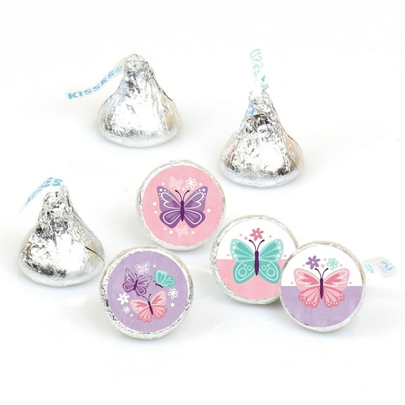 Big Dot of Happiness Beautiful Butterfly - Floral Baby Shower Birthday Party Round Candy Sticker Favors - Labels Fits Chocolate Candy (1 sheet of 108)