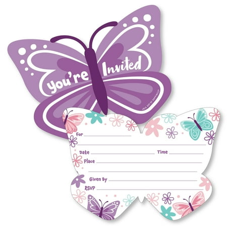 Big Dot of Happiness Beautiful Butterfly - Shaped Fill-In Invitations Floral Baby Shower or Birthday Party Invitation Cards with Envelopes - Set of 12