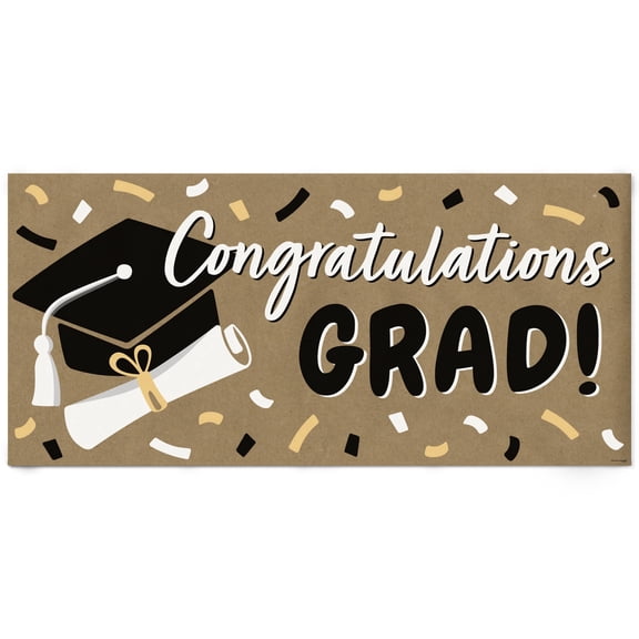 Big Dot of Happiness Black & White Graduation Kraft Paper Banner, Congratulations Grad Printed Brown Paper Party Sign Decoration 1 Count (Goodbye High School)