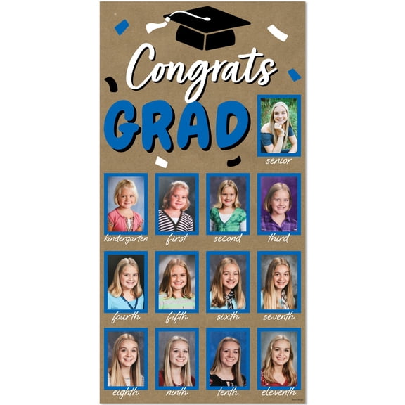 Big Dot of Happiness Blue Grad Kraft Photo Banner, Brown Paper K-12 Timeline Display for 4x6 School Pictures, High School Graduation Party Decorations, Vertical Memory Wall Banner - 1 Ct