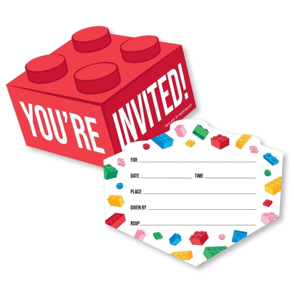 Big Dot of Happiness Building Blocks Invitations with Envelopes, You're Invited Colorful Brick Birthday Party Fill-In Invitation Flat Cards - Set of 12