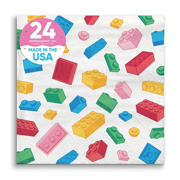 Big Dot of Happiness Building Blocks Napkins, Colorful Brick Birthday Party Decor, White 3-Ply Paper Beverage Cocktail Napkins for Building Bricks Theme - 24 Count