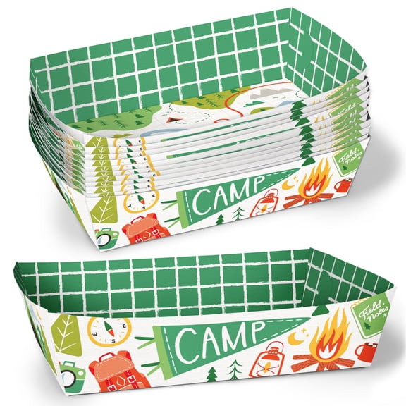 Big Dot of Happiness Camping Paper Food Trays, Disposable Food Boats for Happy Camper Kids Birthday Party, Double-Sided Meal Holders for Nachos, Hot Dogs, French Fries, Snacks - 12 Ct