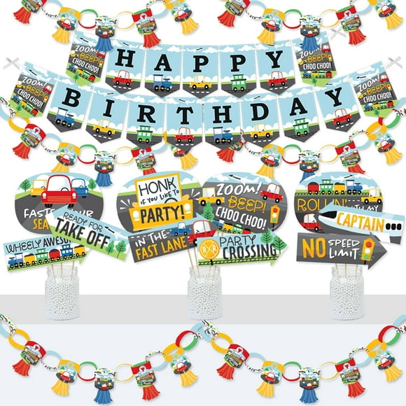 Big Dot of Happiness Cars, Trains, and Airplanes - Banner and Photo Booth Decorations - Transportation Birthday Party Supplies Kit - Doterrific Bundle