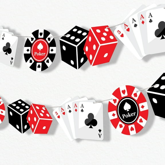 Big Dot of Happiness Casino Theme Garland Banner, Las Vegas Party Decorations, Casino Night Party, 30 Feet of Cord, 15 Double-Sided Cards, Dice, Poker Chips