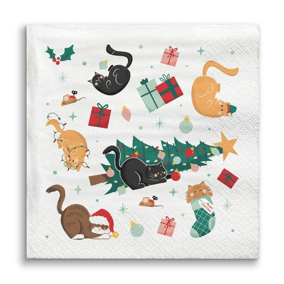 Big Dot of Happiness Cat Christmas Napkins, Pets Holiday Party Decor, Cute Christmas Kitty Cats, White 3-Ply Paper Luncheon Dinner Napkins - 24 Count