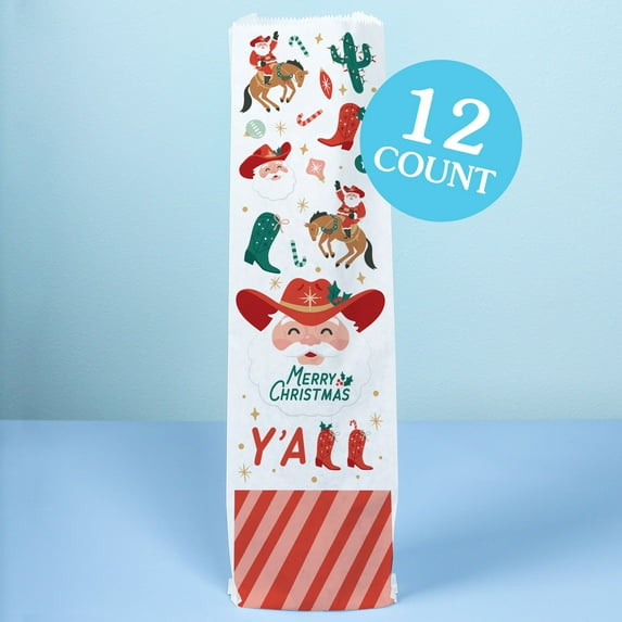 Big Dot of Happiness Christmas Cowboy Wine Gift Bags, Funny Western Santa Party Hostess Thank You Wine Bottle Gift Wrap, Bulk Holiday Paper Bags - 12 ct