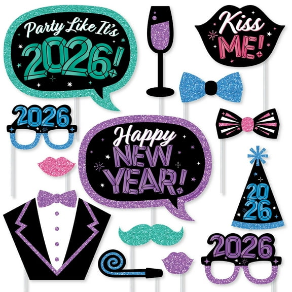 Big Dot of Happiness Colorful New Year Photo Booth Props Kit 2026 New Year's Eve Party, Blue, Green, Pink, Purple NYE Decor - 20 Ct Selfie Prop Sticks