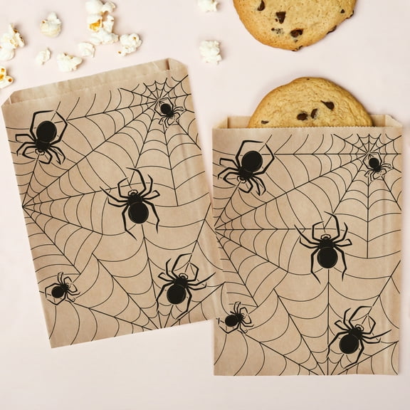 Big Dot of Happiness Creepy Spiders Kraft Brown Paper Treat Bags, Halloween Individual Candy Snack Favors, Greaseproof Sandwich Cookie Bags - 25 Count