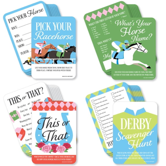 Big Dot of Happiness Derby Horse Race Game Bundle Pack, 4 Different Kentucky Party Activities (10 Cards Each) - Pick Your Racehorse, Whats Your Horse Name, Derby This or That, Derby Scavenger Hunt