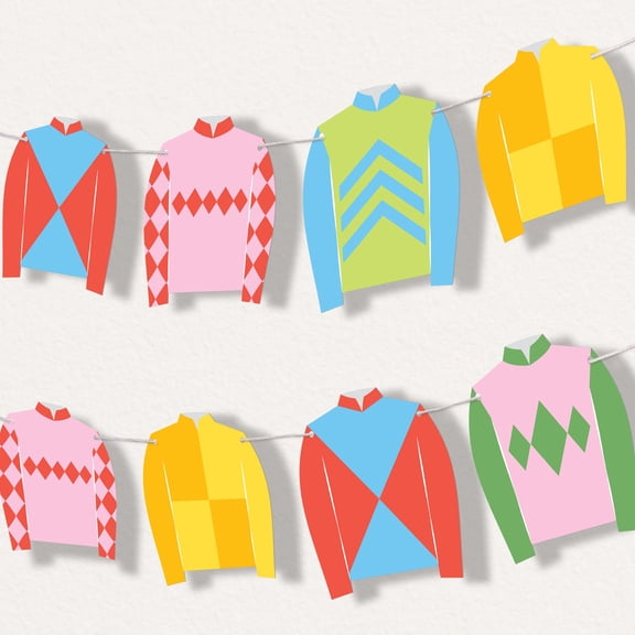 Big Dot of Happiness Derby Horse Race Garland Banner, Kentucky Horse Racing Themed Party Decorations Banner Backdrop, 30 Feet of Cord, 15 Double-Sided Colorful Jockey Silks