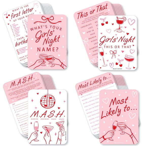 Big Dot of Happiness Drinks with the Girls Game Bundle, Pink & Red Girls' Night Birthday, Galentine's Day, or Cocktail Bachelorette Party Game Pack, 4 Different Games - 10 Cards of Each