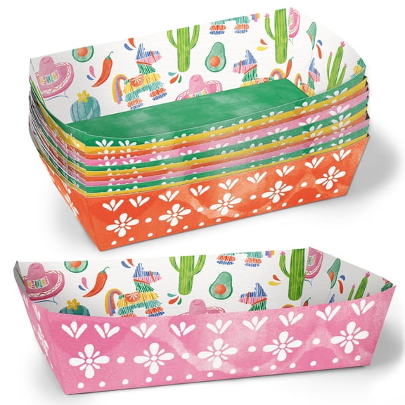 Big Dot of Happiness Fiesta Paper Food Trays, Disposable Food Boats for Mexican Themed Birthday or Cinco De Mayo, Double-Sided Paper Meal Holders for Nachos, Tacos, Snacks - 12 Ct