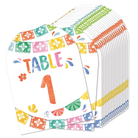Big Dot of Happiness Fiesta Table Numbers, Mexican Themed Wedding or Birthday Party Decor, Colorful Centerpieces, Double-Sided 5 x 7 inches Cards, Table Numbers - 1-20