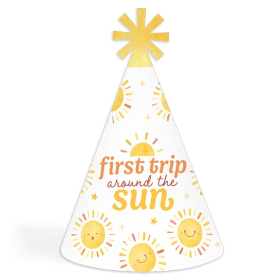 Big Dot of Happiness First Trip Around the Sun Birthday Cone Party Hats, 1st Birthday Party Decorations, Fits Both Kids and Adults, Retro Sunshine Hats with Elastic Strings - Set of 8