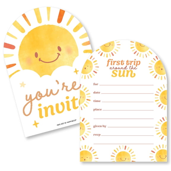 Big Dot of Happiness First Trip Around the Sun Birthday Invitations with Envelopes, You're Invited Retro Sunshine 1st Birthday Party Fill-In Invitation Flat Cards - Set of 12