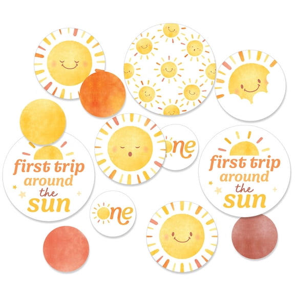 Big Dot of Happiness First Trip Around the Sun Large Confetti, 1st Birthday Party Table Decorations, Giant Yellow and Orange Retro Sunshine Patterns Confetti Centerpiece - 27 Count Circles