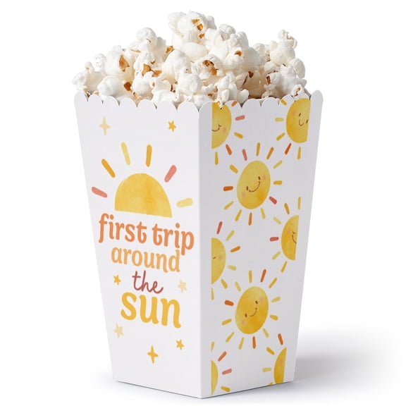 Big Dot of Happiness First Trip Around the Sun Popcorn Boxes, Yellow and Orange Retro Sunshine Favor Paper Containers, 1st Birthday Party Treat Boxes - Set of 12