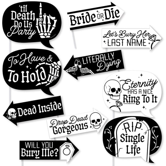 Big Dot of Happiness Funny Til Death Do Us Party Photo Booth Props Kit, Goth Bridal Decorations, Bride or Die Bachelorette Party Supplies - 10 Count Selfie Prop Sticks