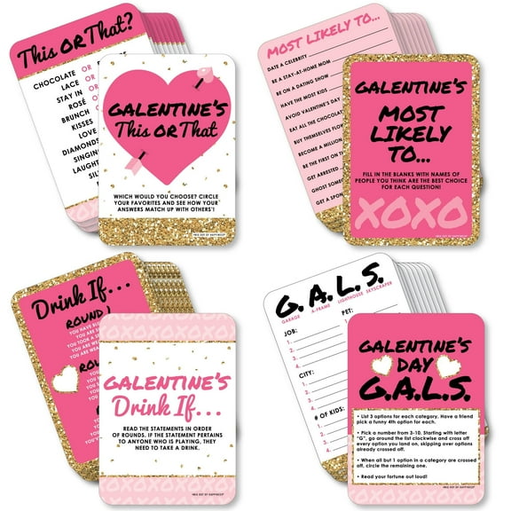Big Dot of Happiness Be My Galentine - 4 Valentines Day Party Games - 10 Cards Each - This or That, Most Likely To, Drink If, Gals - Gamerific Bundle