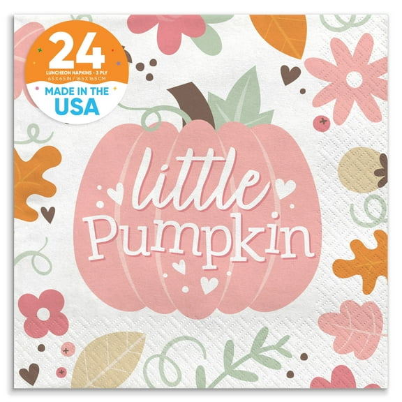 Big Dot of Happiness Girl Little Pumpkin Party Napkins, Fall Birthday or Pink Pumpkin Baby Shower Decor, White 3-Ply Paper Luncheon Napkins - 24 Count