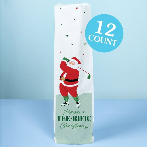Big Dot of Happiness Golfing Santa Wine Gift Bags,Funny Christmas Party Hostess Thank You Wine Bottle Gift Wrap, Bulk Holiday Paper Bags - 12 ct