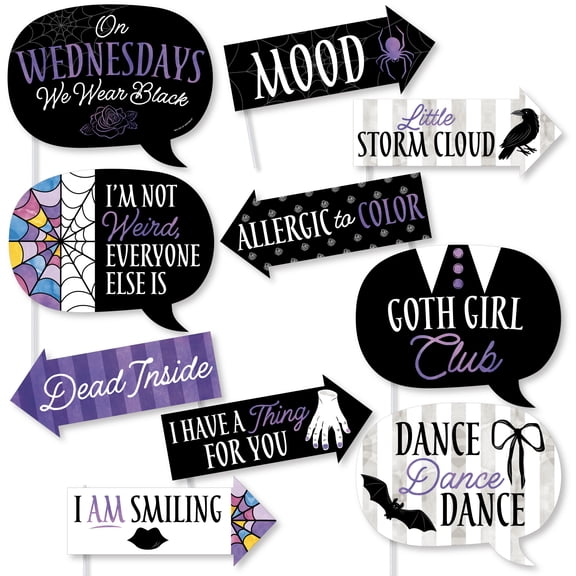 Big Dot of Happiness Goth Girl Funny Photo Props, Halloween or Birthday Party Decoration, Skulls, Ravens, Roses, Bats Photo Booth Props Kit  10 Piece