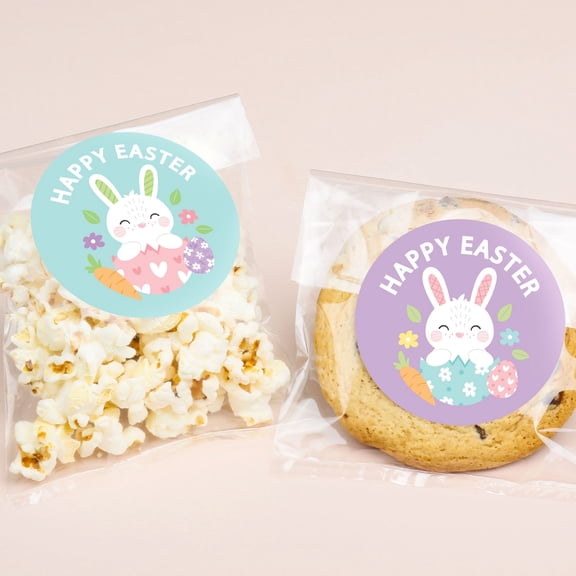 Big Dot of Happiness Happy Easter Bunny Stickers & Clear Cookie Bags, Cellophane Treat Bags 4.25x7 Inches, Pastel Spring Easter Party Favor Gifts Candy, Baked Goods - 25 Ct