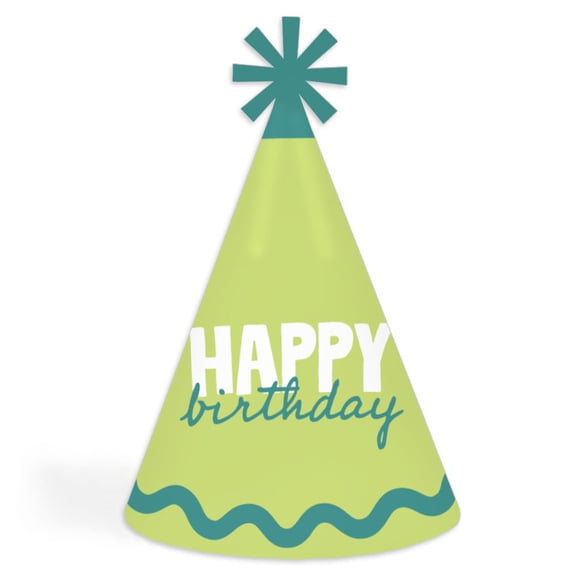 Big Dot of Happiness Light Green and Teal Wavy Happy Birthday Cone Party Hats, Retro Party Decorations, Birthday Party Hats for Kids and Adults - Set of 8