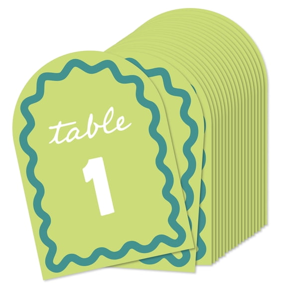 Big Dot of Happiness Light Green and Teal Wavy Table Numbers, Retro Wedding or Birthday Party Decor Centerpieces, Double-Sided 5 x 7 inches Cards, Table Numbers - 1-20