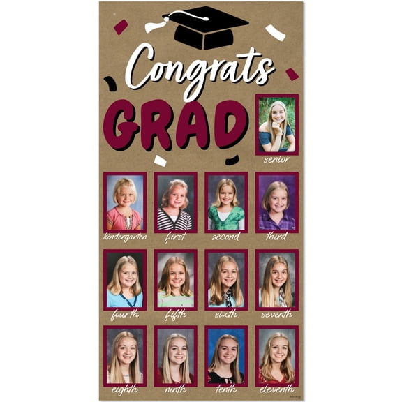Big Dot of Happiness Maroon Grad Kraft Photo Banner, Brown Paper K-12 Timeline Display for 4x6 School Pictures, High School Graduation Party Decorations, Vertical Memory Wall Banner - 1 Ct