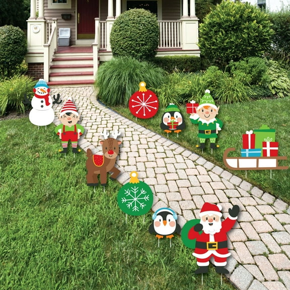 Big Dot of Happiness Very Merry Christmas - Santa, Elves, Penguins, Reindeer, Snowman, Sleigh, Ornaments -Outdoor Holiday Santa Claus Yard Decor-10 Pc