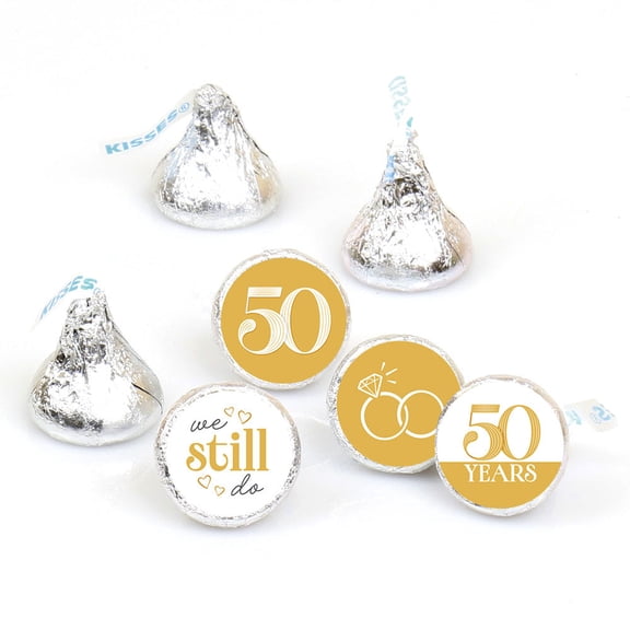 Big Dot of Happiness Mini 50th Wedding Anniversary Stickers, Golden Anniversary Party Round Candy Sticker Favors - Small Labels Fit Chocolate Candy (1 Sheet of 108)