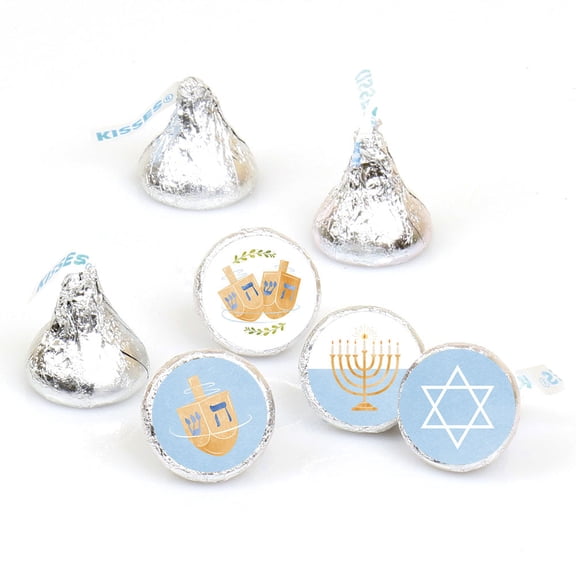 Big Dot of Happiness Mini Hanukkah Stickers, Watercolor Blue & Gold Chanukah Holiday Party Round Candy Sticker Favors - Small Labels Fit Chocolate Candy (1 Sheet of 108)