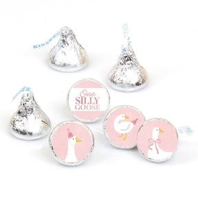 Big Dot of Happiness Mini One Silly Goose Pink Party Stickers, Girl 1st Birthday Party Round Candy Sticker Favors - Small Labels Fit Chocolate Candy (1 Sheet of 108)