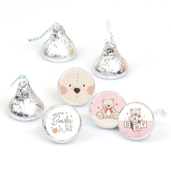 Big Dot of Happiness Mini Pink We Can Bearly Wait Party Stickers, Girl Teddy Bear Baby Shower Round Candy Sticker Favors - Small Labels Fit Chocolate Candy (1 Sheet of 108)