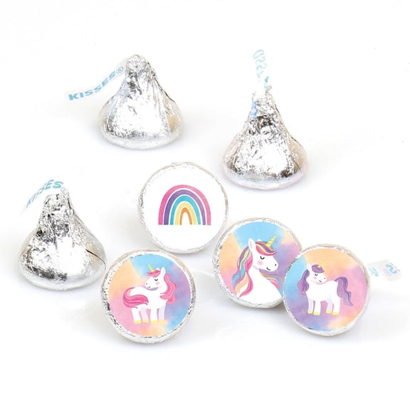 Big Dot of Happiness Mini Unicorn Party Stickers, Rainbow Birthday Party Round Candy Sticker Favors - Small Labels Fit Chocolate Candy (1 Sheet of 108)