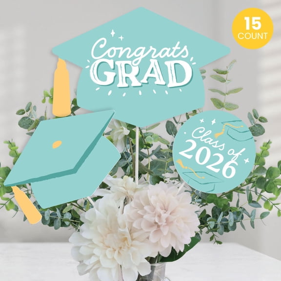 Big Dot of Happiness Mint Green 2026 Graduation Party Centerpiece Sticks, Congrats Grad Decor, Class of 2026 Light Green Grad Party Table Toppers - 15 Pieces