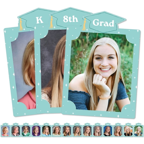 Big Dot of Happiness Mint Green Grad K-12 School Photo Display Frame, 8x10-inch Graduation Memory Wall, Professional Photo Holder Set, DIY Graduation Party Decorations, Picture Display Board