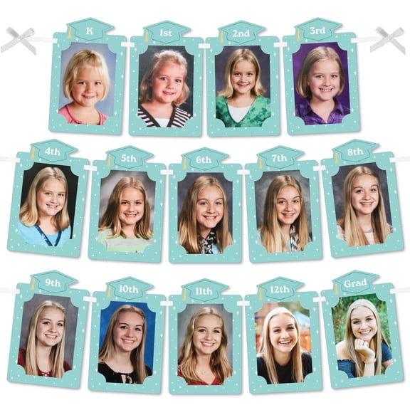 Big Dot of Happiness Mint Green Graduation Photo Banner, K-12 School Picture Display Garland Banner with Ribbon, DIY Light Green Grad Party Decoration