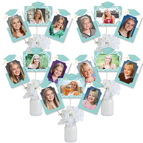 Big Dot of Happiness Mint Green Graduation Photo Display Centerpiece Kit, 15 Photo Table Topper Sticks, Light Green Vertical and Horizontal 4x6 Picture Holders, DIY Grad Party Decoration Set
