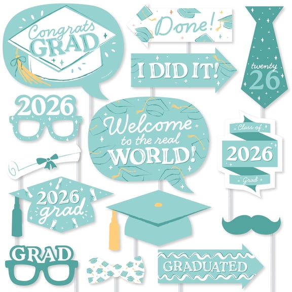 Big Dot of Happiness Mint Green Graduation Props for Photoshoot 2026, Set of High School Senior Photo Booth Props for Pictures and Graduation Party Decorations - 20 Count