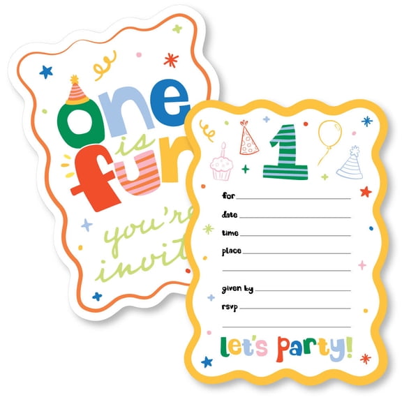 Big Dot of Happiness One is Fun 1st Birthday Invitations with Envelopes, You're Invited Colorful First Birthday Party Fill-In Invitation Flat Cards - Set of 12