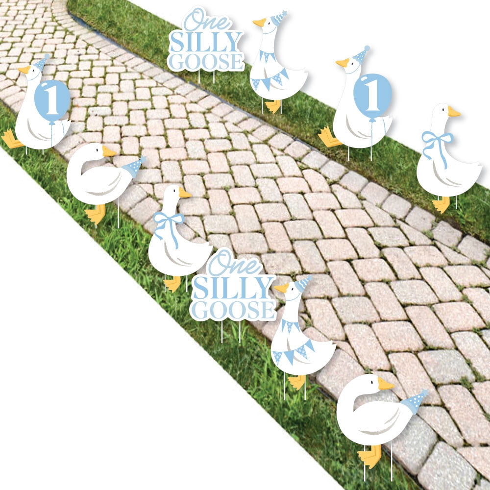 Big Dot of Happiness One Silly Goose Blue Outdoor Decorations, Boy 1st Birthday Party Lawn Ornaments, Goose-Themed Yard Signs with Stakes - 10 Piece Set