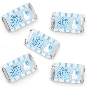 Big Dot of Happiness One Silly Goose Blue Party Mini Candy Bar Wrapper Stickers, Small Boy 1st Birthday Party Favors, Decorative Sticker Labels - 40 Count