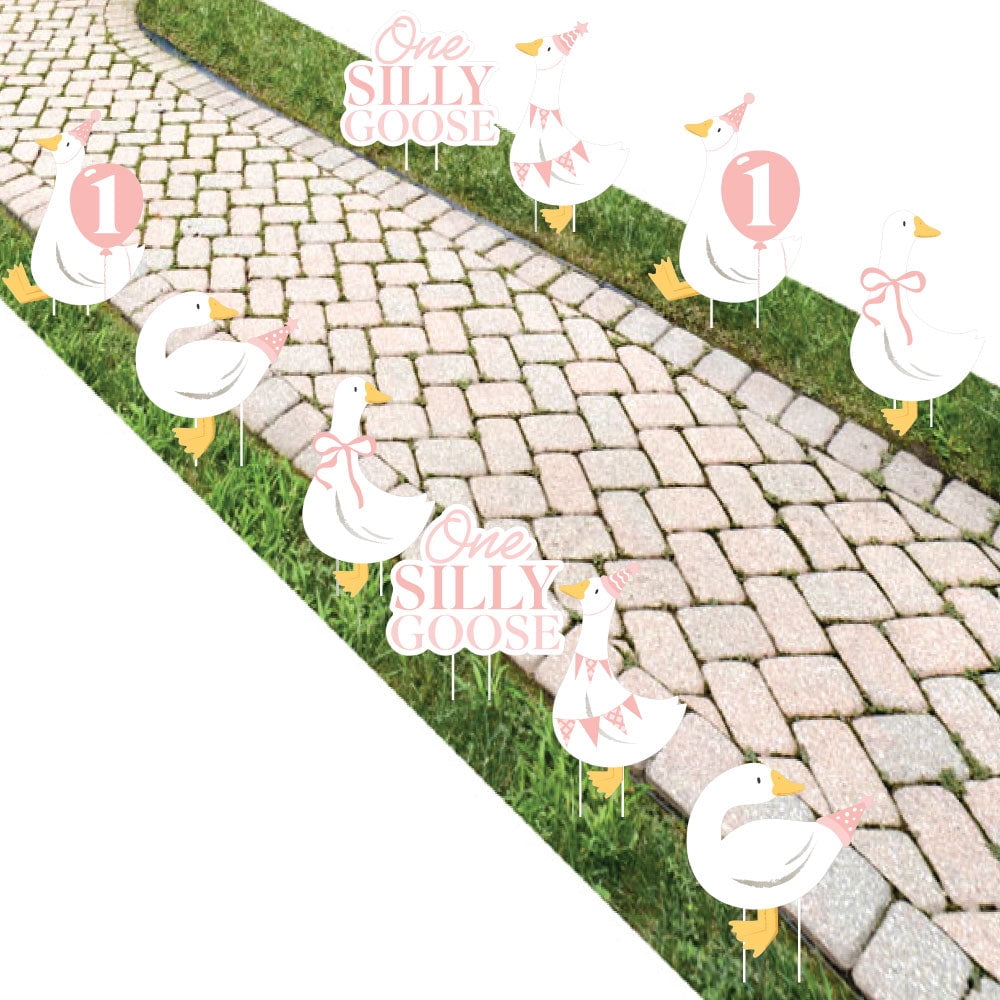 Big Dot of Happiness One Silly Goose Pink Outdoor Decorations, Girl 1st Birthday Party Lawn Ornaments, Goose-Themed Yard Signs with Stakes - 10 Piece Set