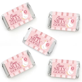 Big Dot of Happiness One Silly Goose Pink Party Mini Candy Bar Wrapper Stickers, Small Girl 1st Birthday Party Favors, Decorative Sticker Labels - 40 Count